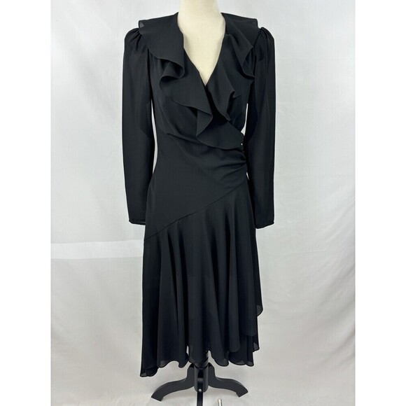 Joy Stevens California Wrap Dress Black 6 Sheer Ruffles Cut Out Long Sleeve - Picture 1 of 10